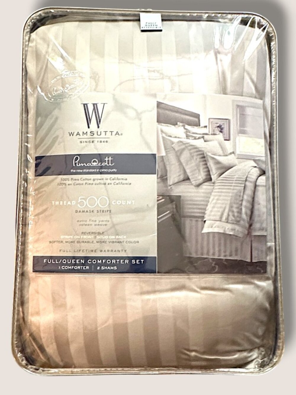 Vintage Wamsutta PimaCotton 500-Thread Count Damask Stripe Reversible Comforter